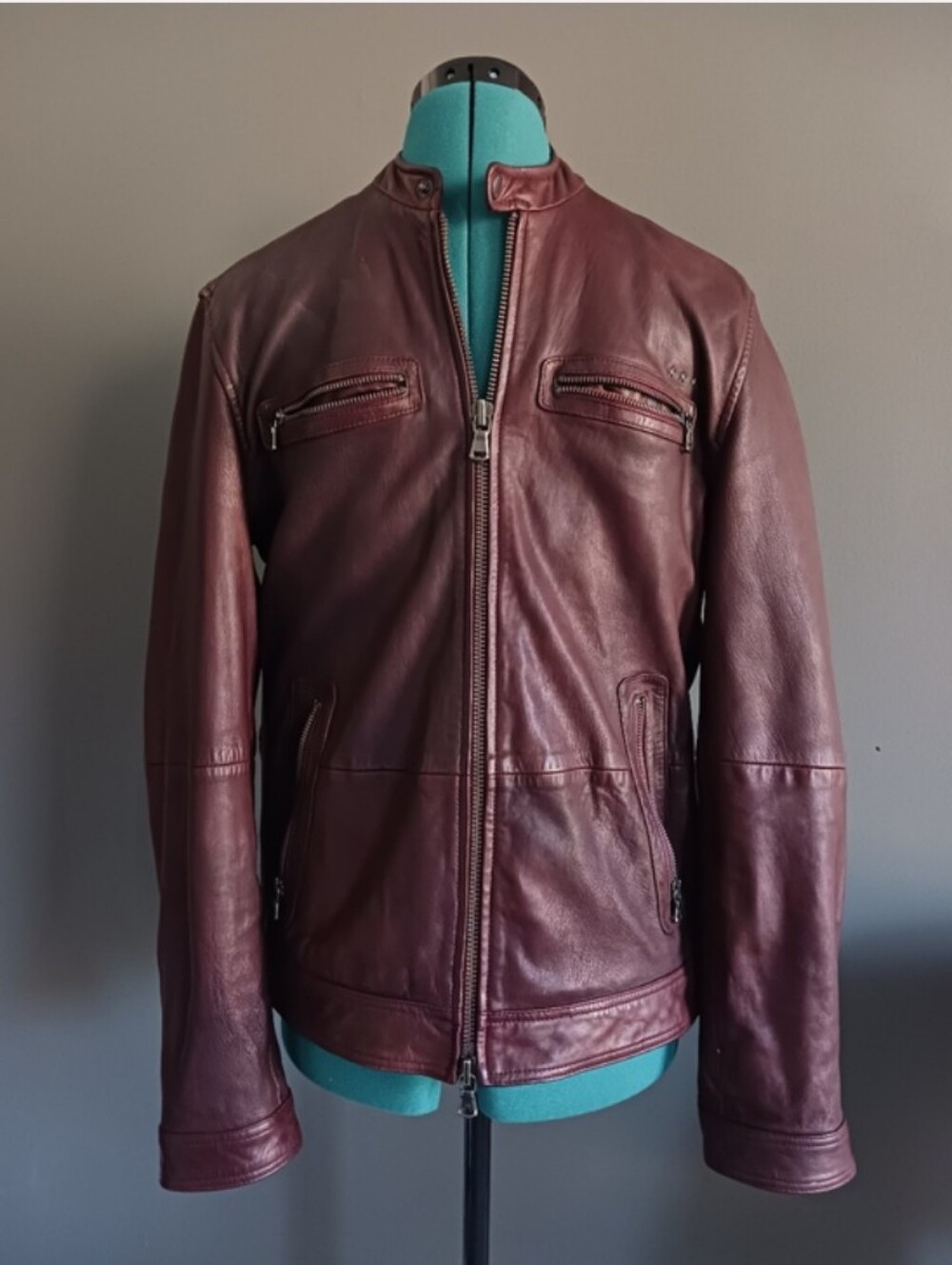 John Varvatos El Skin Moto Burgundy Genuine Leather Jacket Size S